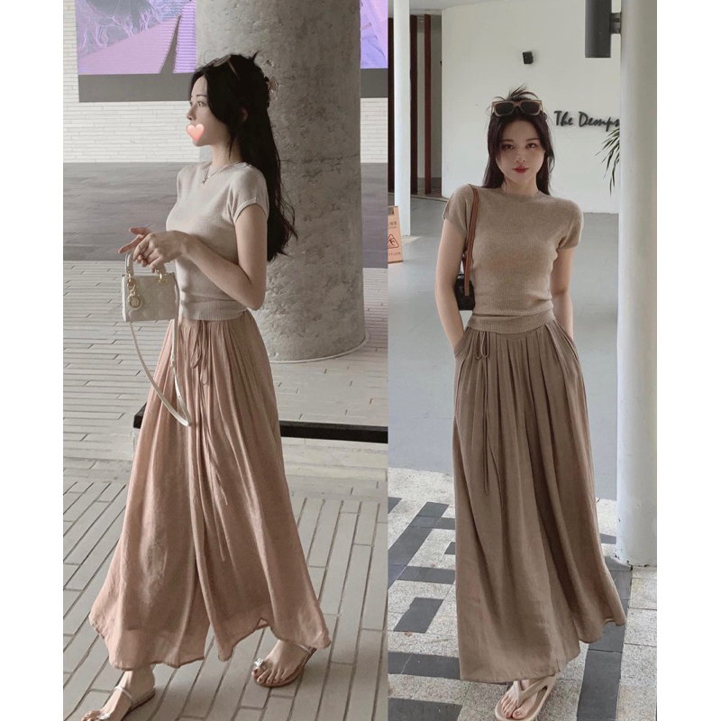 Set áo len mỏng mix quần đũi ống rộng hàng quảng châu l1