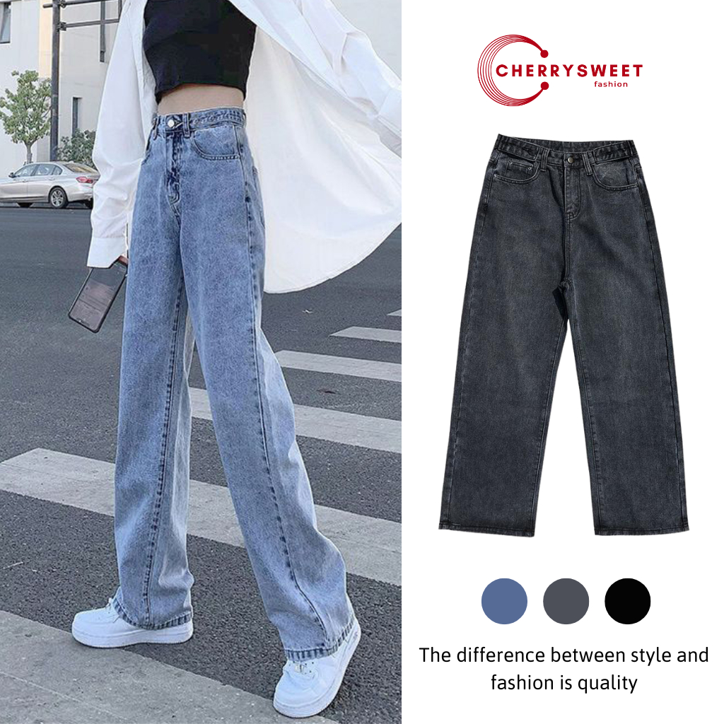 Quần jean nữ ống rộng CHERRYSWEET cạp cao dáng suông màu đen kiểu baggy chất bò xịn phong cách Hàn Quốc dễ phối đồ T007