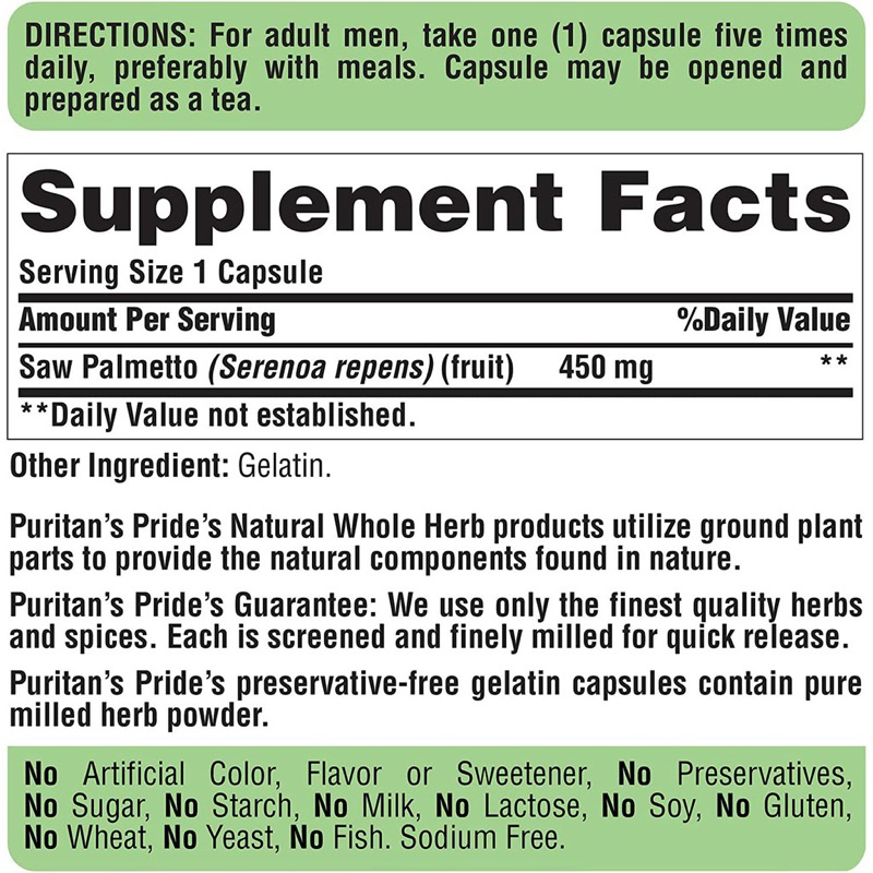 Hỗ trợ đường tiết niệu và tuyến tiền liệt Saw Palmetto 450 mg Puritan’s Pride