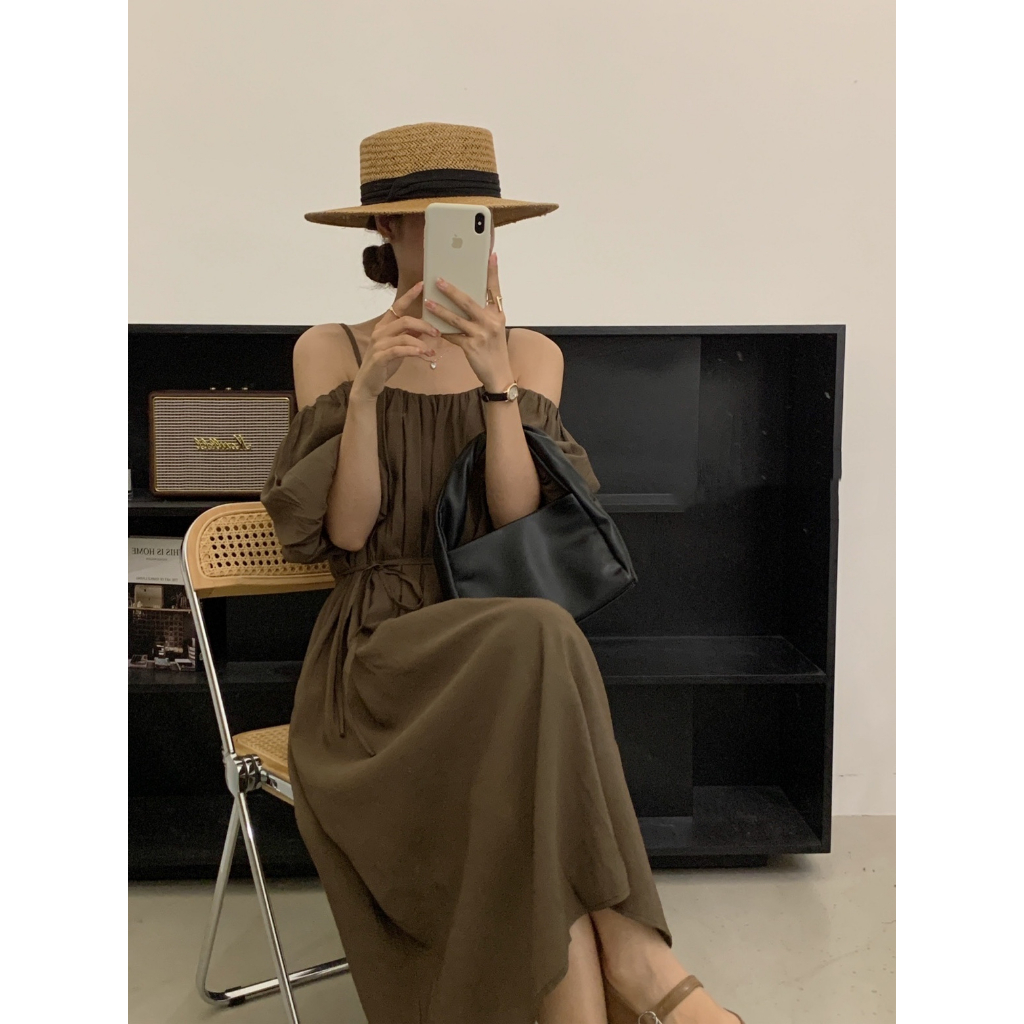 Váy tơ hai dây trễ vai tay bồng hai lớp dáng xuông dài phong cách Vintage Hàn Quốc