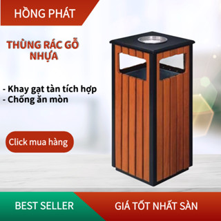 Thùng rác sân vườn 30L gỗ nhựa có mái che mưa và khay gạt tàn Thùng rác