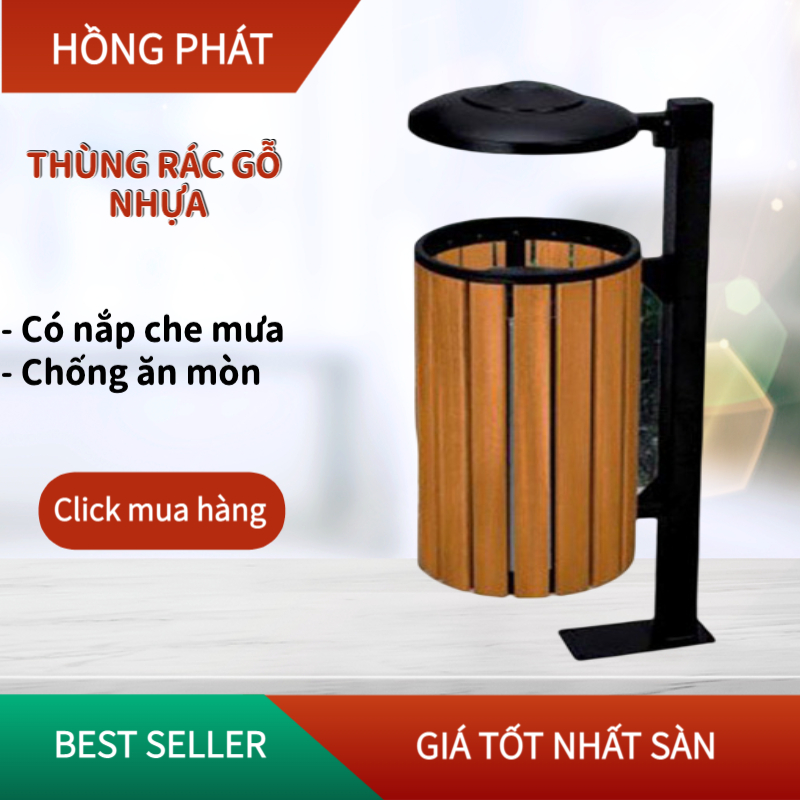 Thùng rác ngoài trời 60L gỗ nhựa có mai che mưa và gạt tàn Thùng rác ngoài