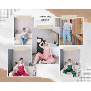 Đồ bộ ngủ lụa satin áo 2 dây quần dài freesize 40-58 kg