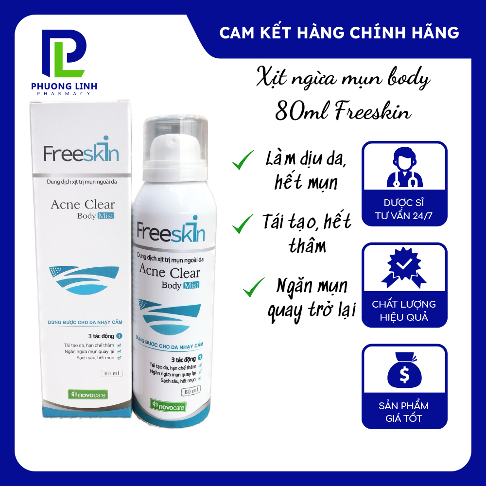 Xịt mụn lưng, viêm nang lông, dày sừng, viêm da Freeskin, sạch mụn, mờ thâm, sáng da 80ml - Phương Linh Pharmacy
