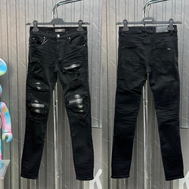 Quần Jean bò nam Amiri skinny likeauth rách xù đùi gối vá vải nhăn gân sọc đen trắng 4 cúc