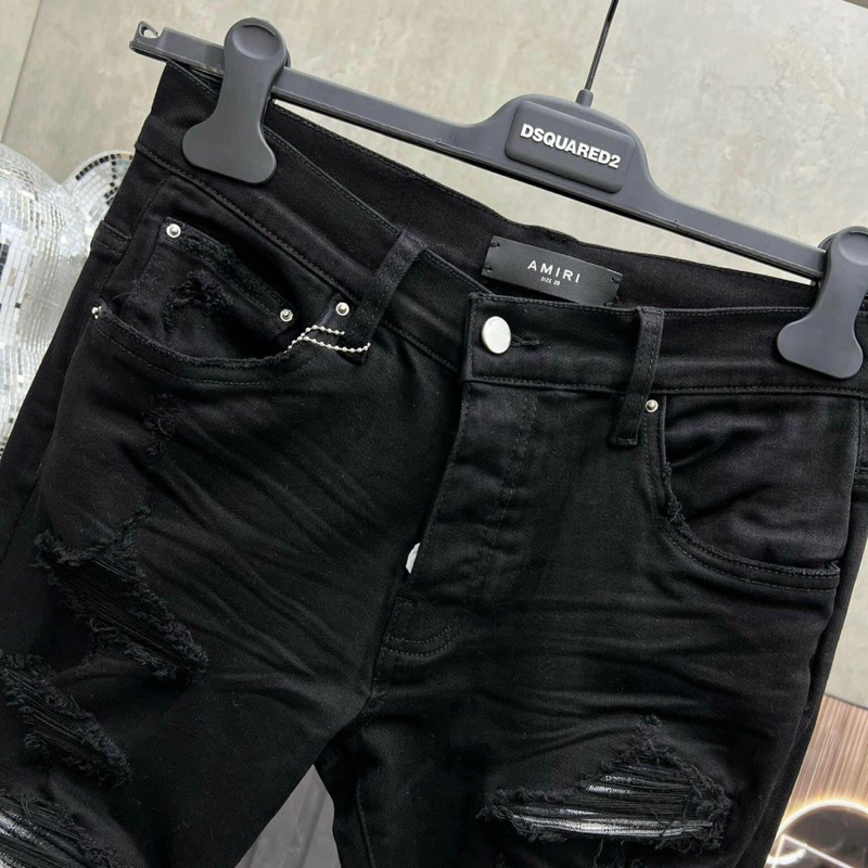 Quần Jean bò nam Amiri skinny likeauth rách xù đùi gối vá vải nhăn gân sọc đen trắng 4 cúc