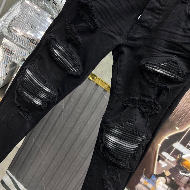 Quần Jean bò nam Amiri skinny likeauth rách xù đùi gối vá vải nhăn gân sọc đen trắng 4 cúc