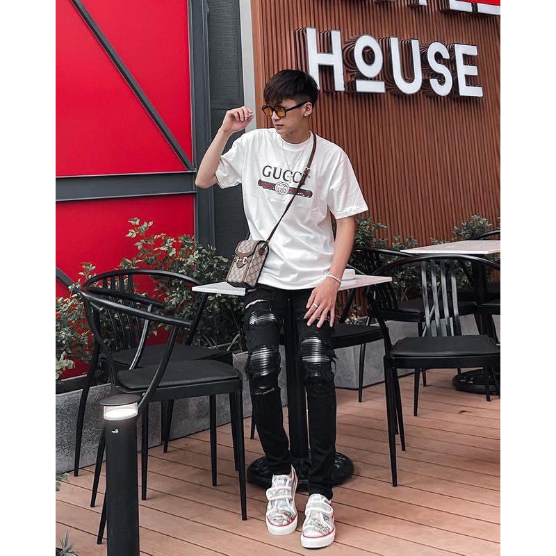 Quần Jean bò nam Amiri skinny likeauth rách xù đùi gối vá vải nhăn gân sọc đen trắng 4 cúc