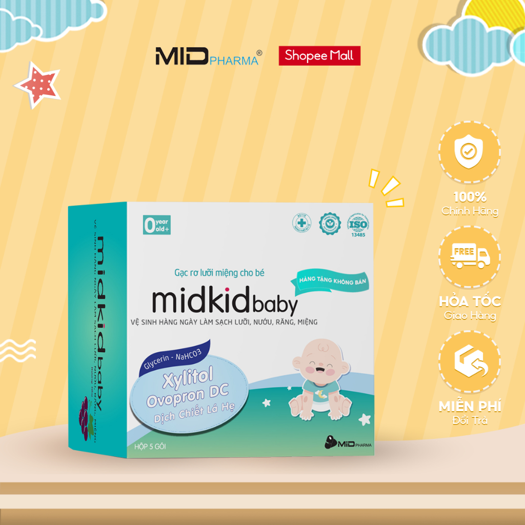 Gạc rơ lưỡi Midkid Baby hộp 5 gói dùng thử cho bé sơ sinh giúp làm sạch lưỡi và khoang miệng  đạt tiêu chuẩn ISO 5 sao