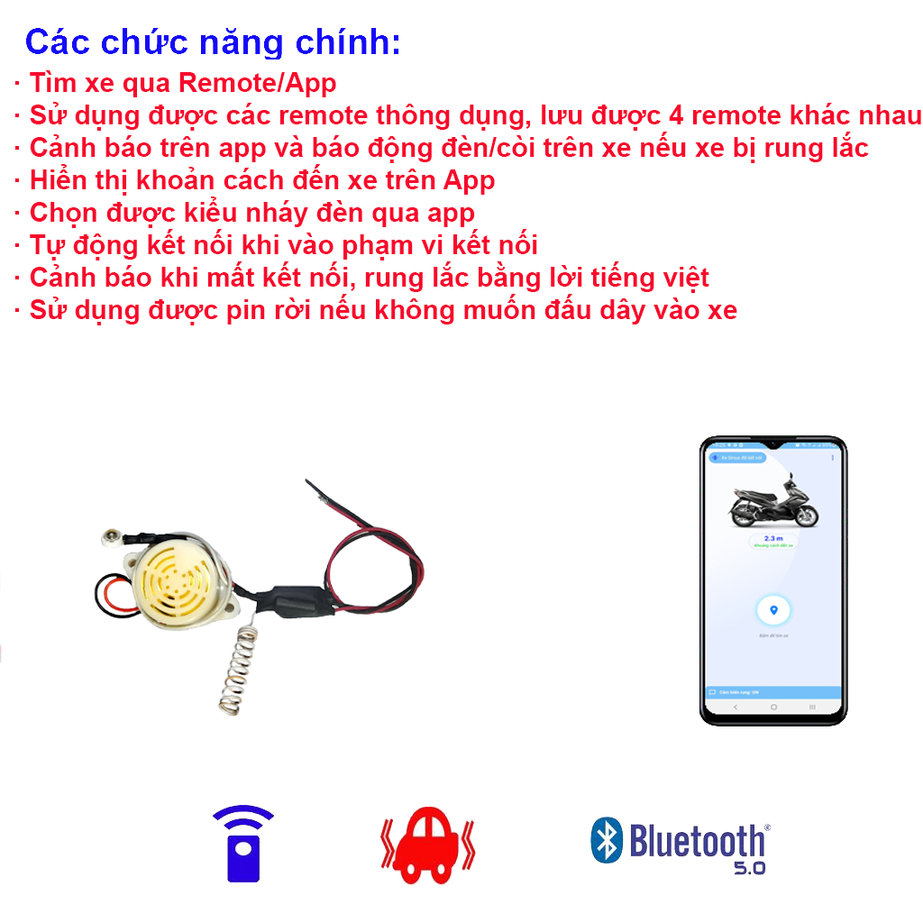 bộ tìm xe - báo dắt xe tích hợp cảm biến rung- hiện khoảng cách qua điện thoại