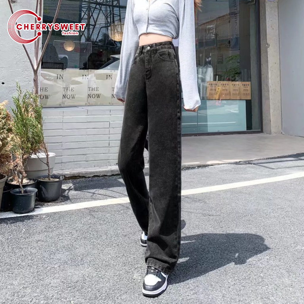 Quần jean nữ ống rộng CHERRYSWEET cạp cao dáng suông màu đen kiểu baggy chất bò xịn phong cách Hàn Quốc dễ phối đồ T007