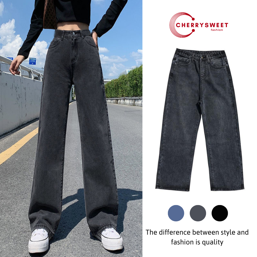 Quần jean ống rộng nữ CHERRYSWEET dáng suông dài cạp cao chất bò xịn kiểu ulzzang phong cách Hàn Quốc dễ phối đồ T008