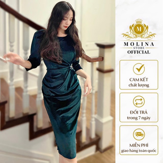 Đầm Body Nhung Tay Lỡ Đính Ngọc Eo Thiết Kế Molina Xẻ Sau Sang Chảnh Siêu Hack Dáng, Phù Hợp Dự Tiệc Đi Làm