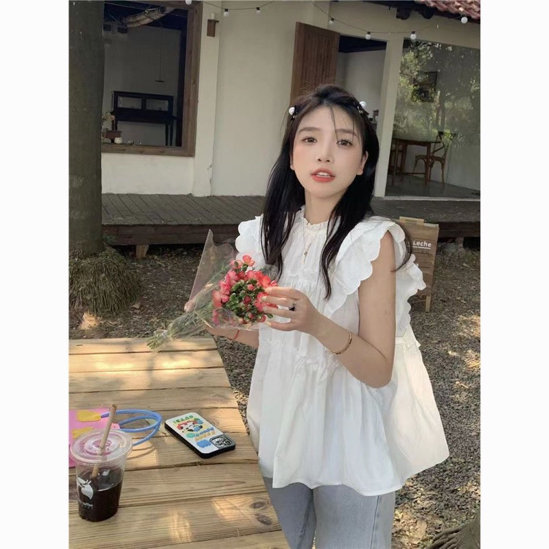 Áo sơ mi babydoll cổ tròn Màu Trắng Siêu Đáng Yêu