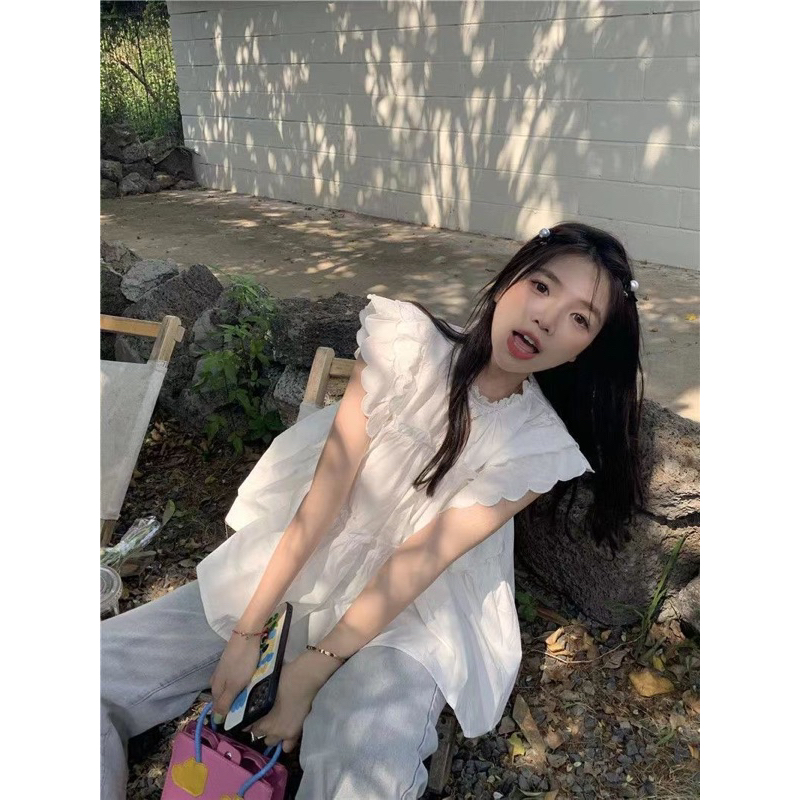 Áo sơ mi babydoll cổ tròn Màu Trắng Siêu Đáng Yêu