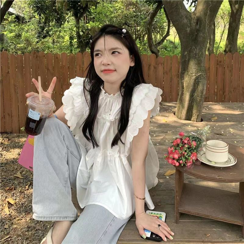 Áo sơ mi babydoll cổ tròn Màu Trắng Siêu Đáng Yêu