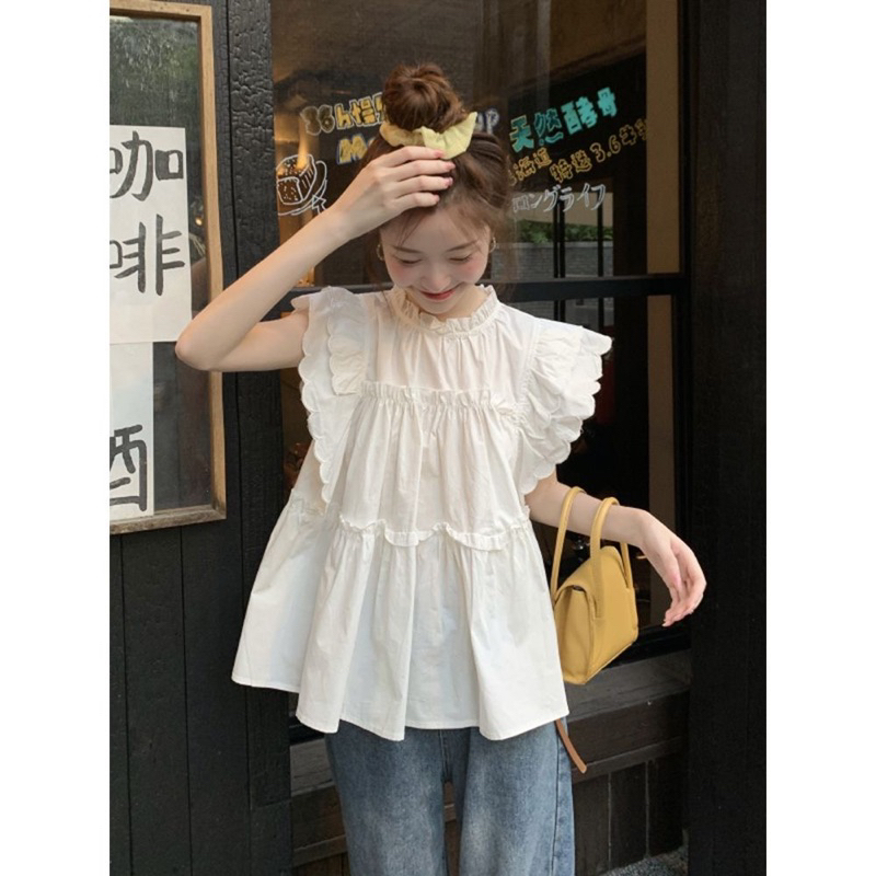 Áo sơ mi babydoll cổ tròn Màu Trắng Siêu Đáng Yêu