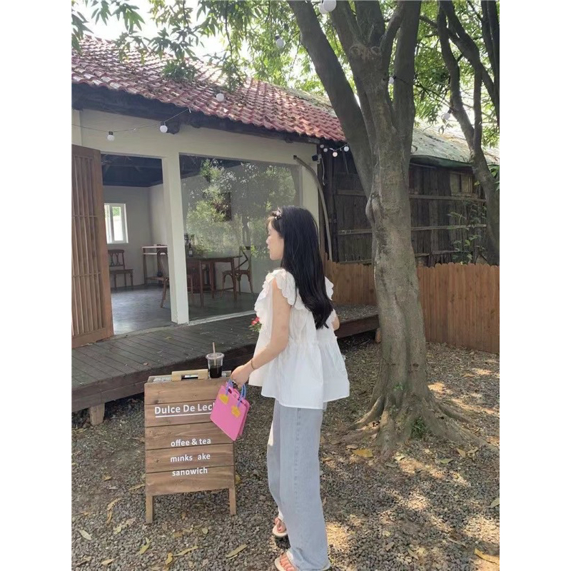 Áo sơ mi babydoll cổ tròn Màu Trắng Siêu Đáng Yêu