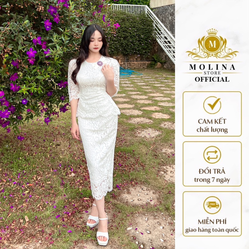 Đầm Ren Dáng Peplum Cổ Tròn Đính Nơ Hoa Ngọc Thiết Kế Molina Có Lót Trong Dày Dặn Đứng Form Tôn Dáng Thanh Lịch