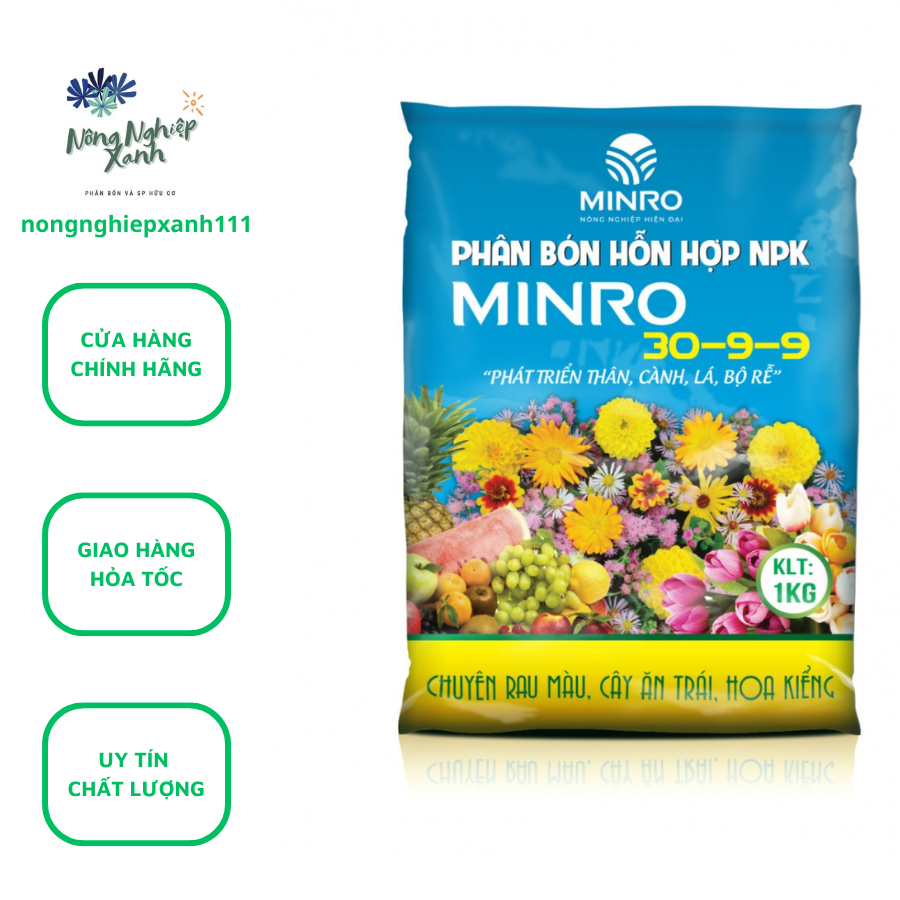 Phân Bón hỗn hợp NPK MINRO 30-9-9 Túi 1kg, Phát Triển Thân, Lá, Cành, Bộ Rễ. Sản phẩm toàn diện cho cây kiểng Gói 1kg