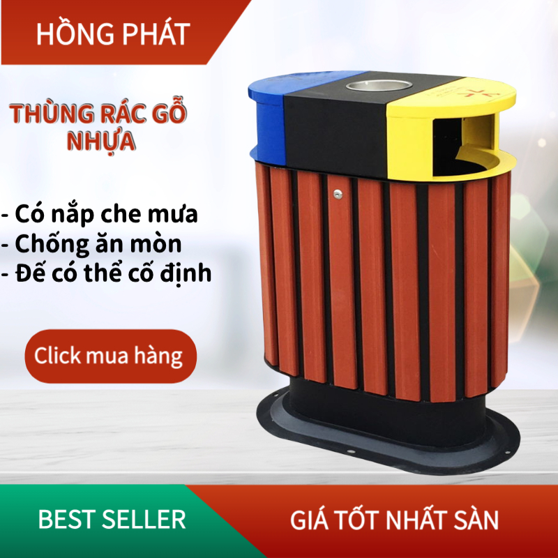 Thùng rác sân vườn 60L gỗ nhựa có mai che mưa và gạt tàn Thùng rác ngoài