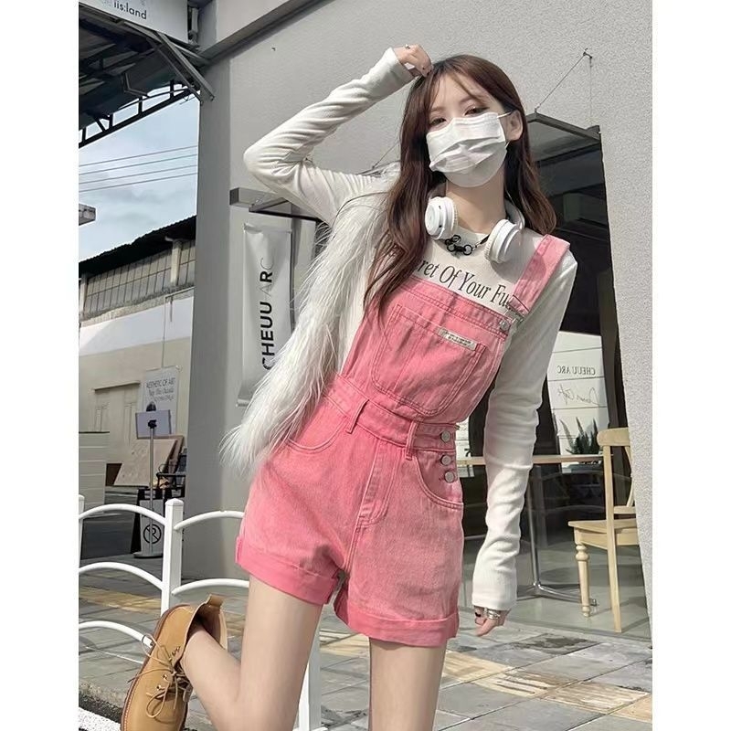 Quần yếm short denim màu hồng baby xinh xắn style Hàn Quốc  hot trendy