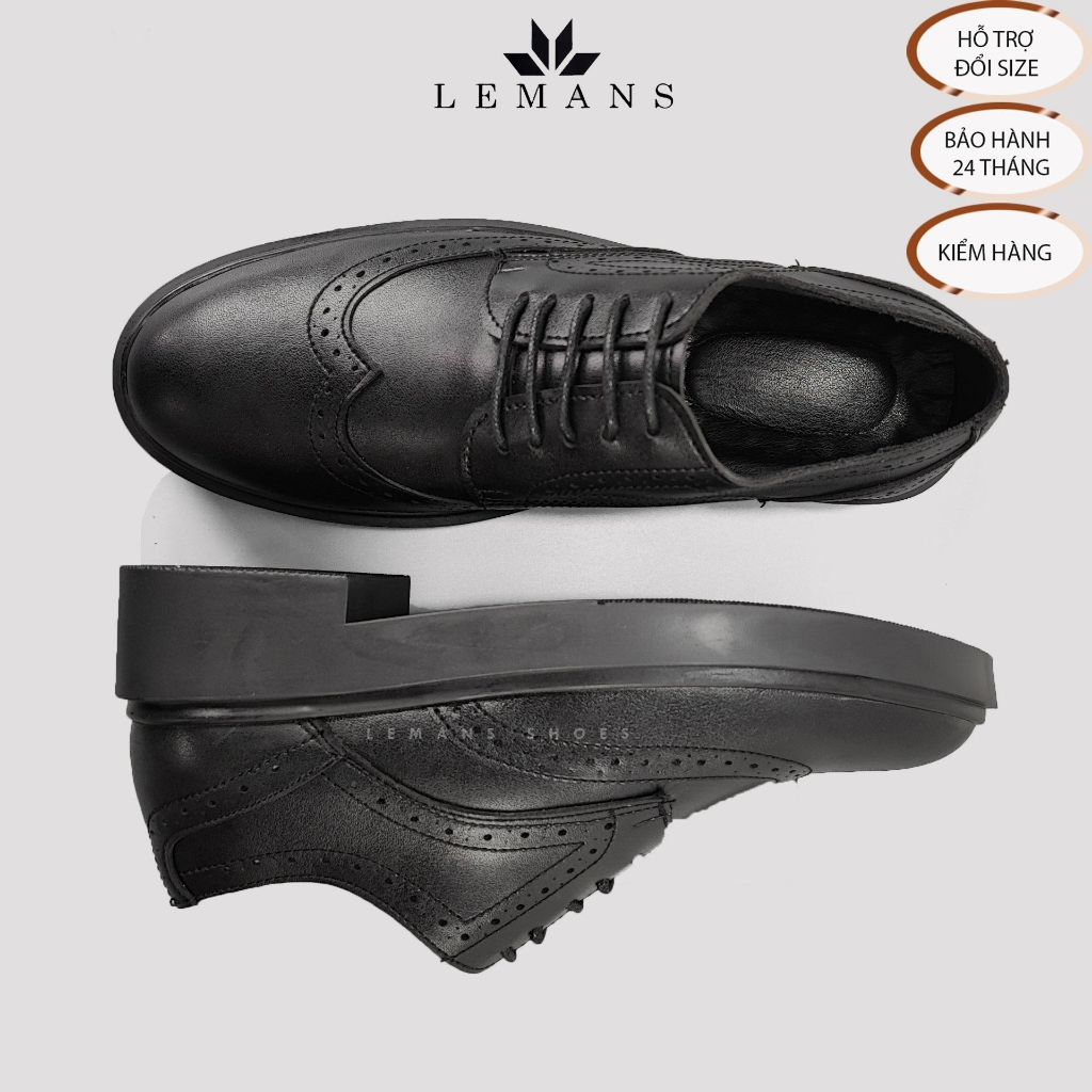 Giày da bò Derby Wingtip Black LEMANS, giày Tây Nam Công Sở Cao Cấp, giày da bò nguyên tấm, bảo hành chính hãng 12-24T