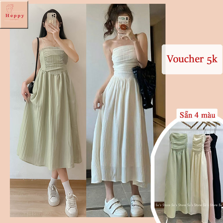 Váy cúp ngực hai dây chất đũi gân bèo ngực dáng dài Heppy _Vayduigan2sA382_P0K88