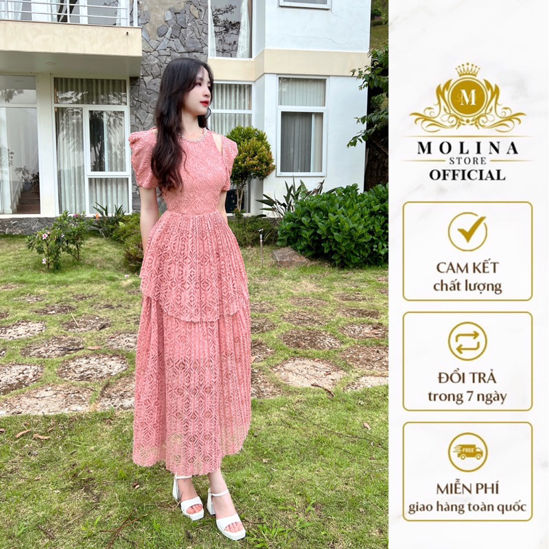 Đầm Ren Hai Tầng Xếp Ly Cổ Ngọc Khoét Vai Thiết Kế Molina Dáng Xòe Thanh Lịch, Có Lớp Lót Dày Dặn Đứng Form Tôn Dáng