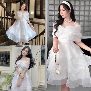 Váy công chúa tay nơ trễ vai xoè 3 tầng chất voan tơ màu trắng, đầm babydoll nữ đi chơi dự tiệc đám cưới kỷ yếu hàn quốc