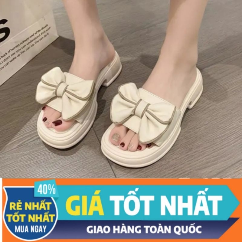 Dép Bánh Mì Nư-Dép đế xuồng nữ Quai Ngang gắn nơ _Đế CAO 3cm(PHOM TO LÙI 1Size)