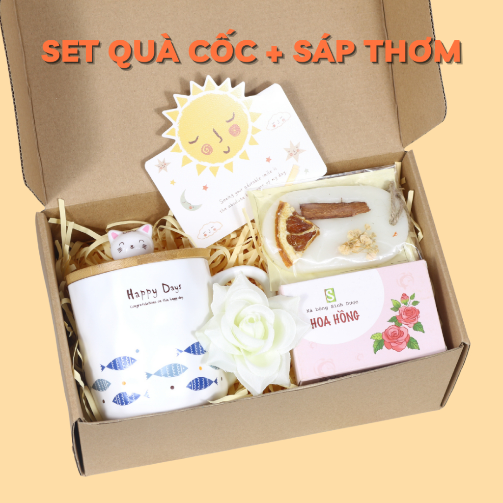 Set hộp quà cốc sứ và sáp thơm, hộp quà tặng kèm thiệp và hoa tặng người yêu, bạn thân - SQ6