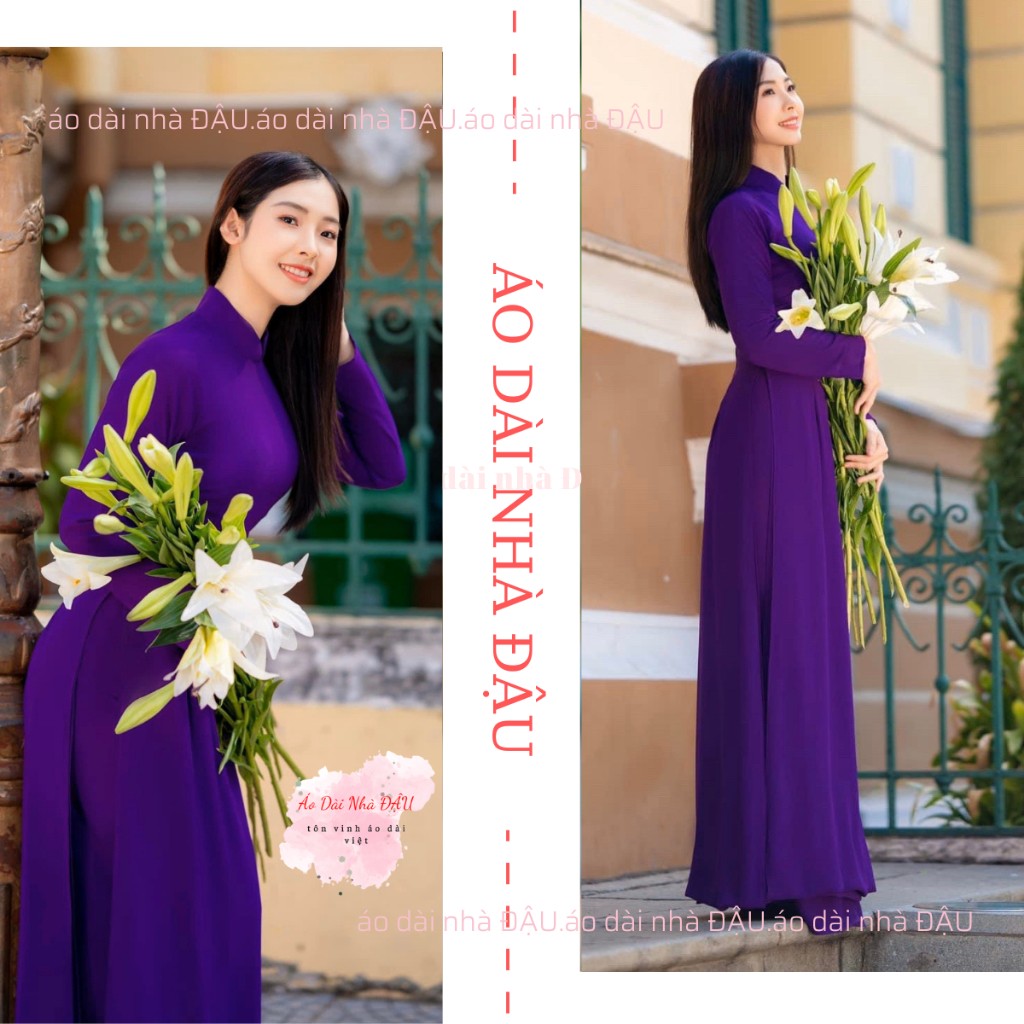 Áo dài tím huế đậm trơn truyền thống may sẵn lụa mỹ cao cấp