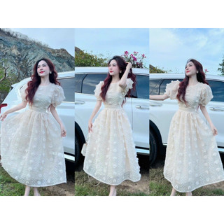 Đầm thời trang nữ mặc đi chơi chất xô bông hột cổ tròn tay búp phồng xinh xắn dạo phố
