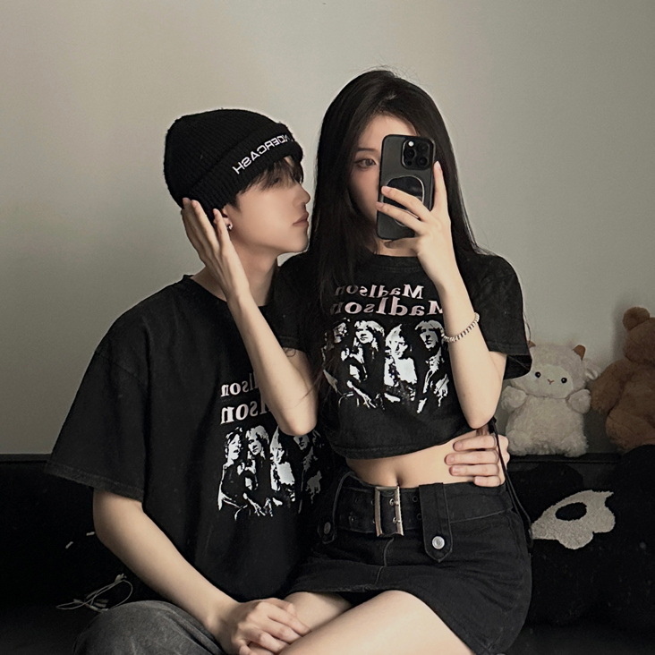 Set đồ đôi Áo thun nam nữ mùa hè tay lỡ fom rộng unisex và croptop baby tee dây rút màu đen tặng túi tote đi chơi A105