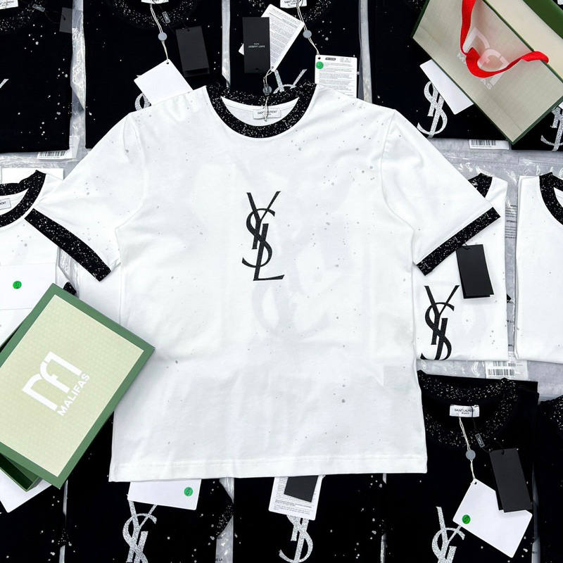 Áo phông nam nữ Premium Cotton in chữ SLR chấm sơn nhũ bạc phối bo ống chun kim tuyến cao cấp