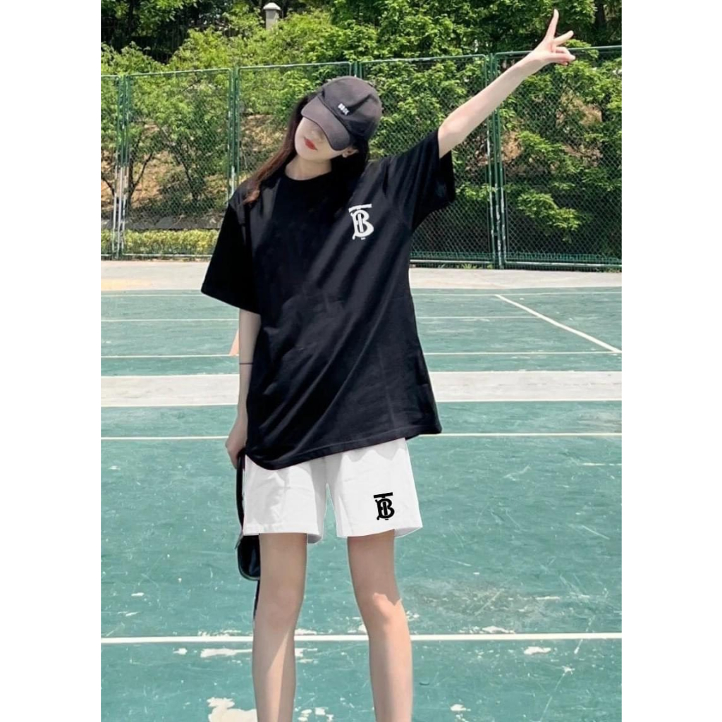 Bộ Thể Thao Hè Chữ B Ghạch Chéo Phong Cách Nam Nữ Sành Điệu, Tay Ngắn Lỡ Với Chất Liệu Cotton Mềm Mịn Cao Cấp