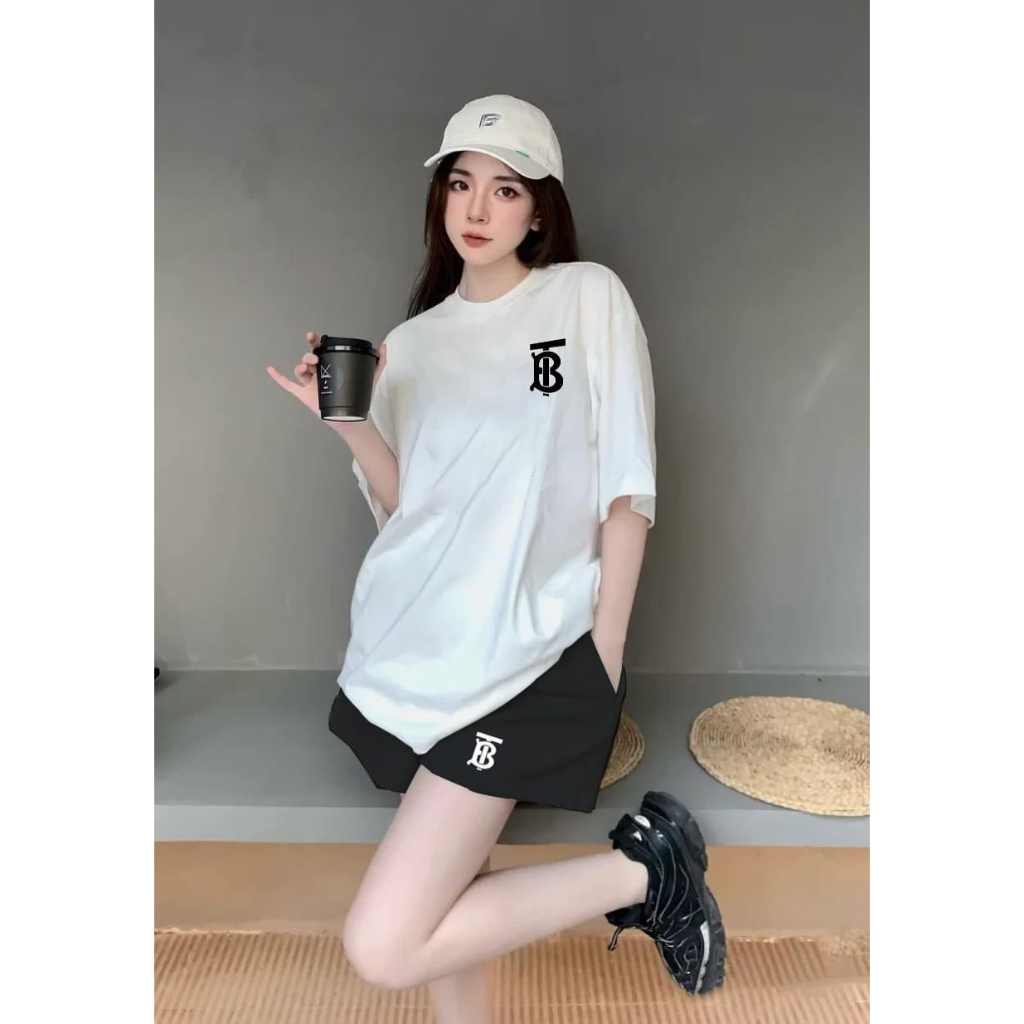 Bộ Thể Thao Hè Chữ B Ghạch Chéo Phong Cách Nam Nữ Sành Điệu, Tay Ngắn Lỡ Với Chất Liệu Cotton Mềm Mịn Cao Cấp