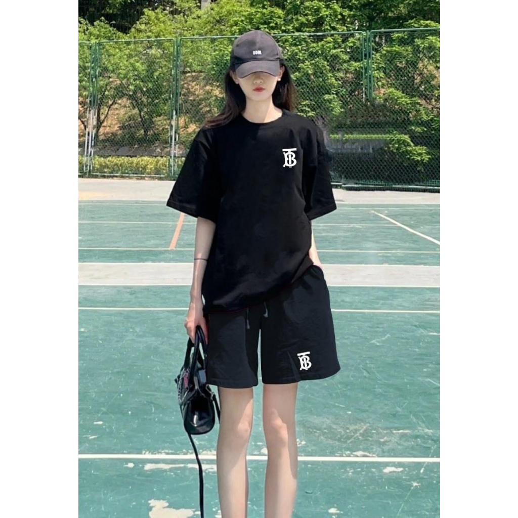 Bộ Thể Thao Hè Chữ B Ghạch Chéo Phong Cách Nam Nữ Sành Điệu, Tay Ngắn Lỡ Với Chất Liệu Cotton Mềm Mịn Cao Cấp