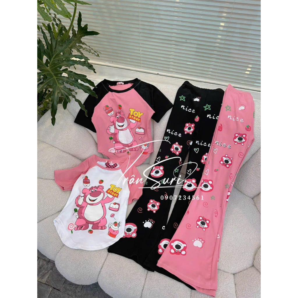 SET BỘ THUN IN GẤU DÂU PHỐI MÀU QUẦN ỐNG LOE MẶC NHÀ ĐI CHƠI DỄ THƯƠNG HÌNH THẬT SHOPNGOO