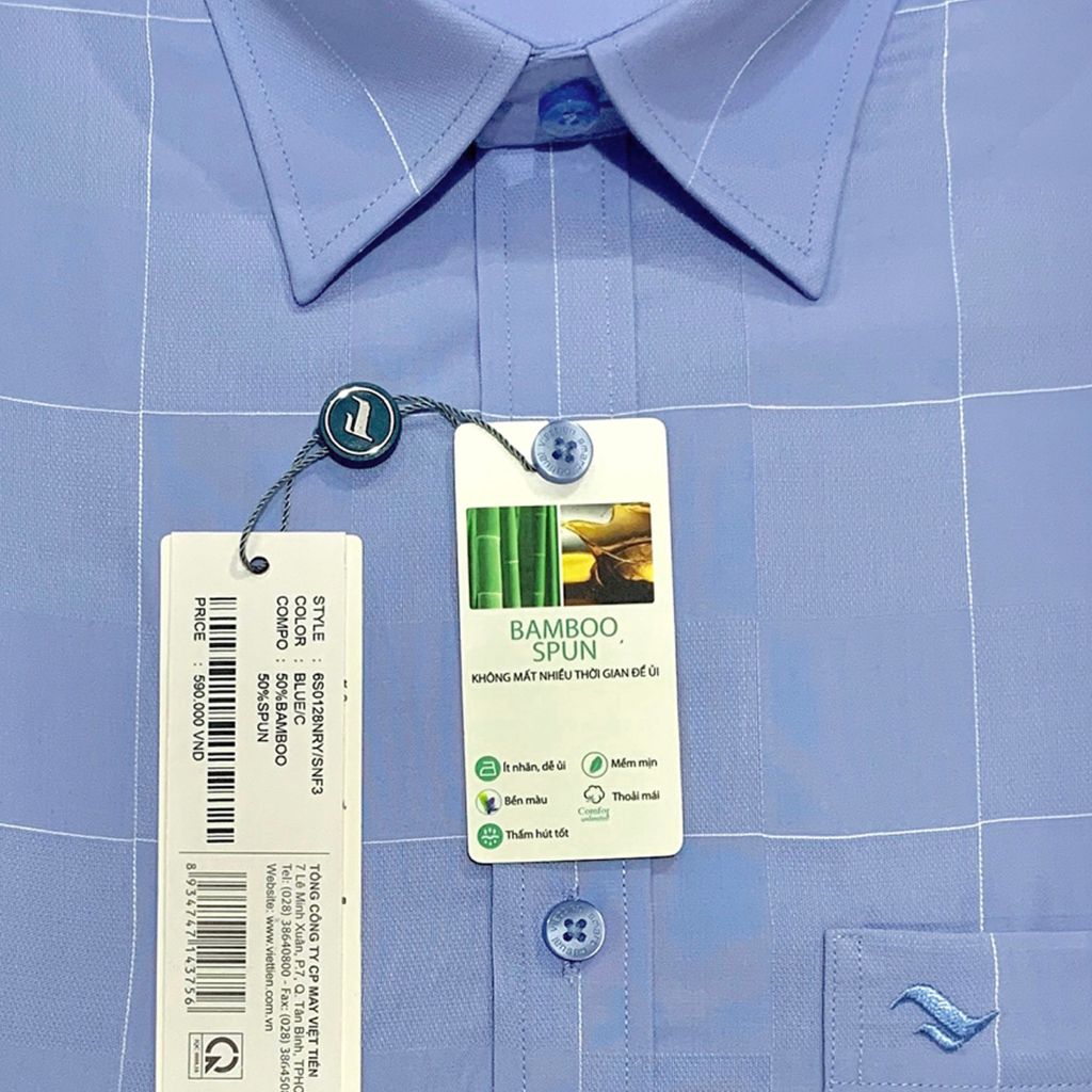 Việt Tiến - Áo sơ mi nam ngắn tay xẻ tà lai ngang Bamboo Regular ca rô Xanh 6S0128