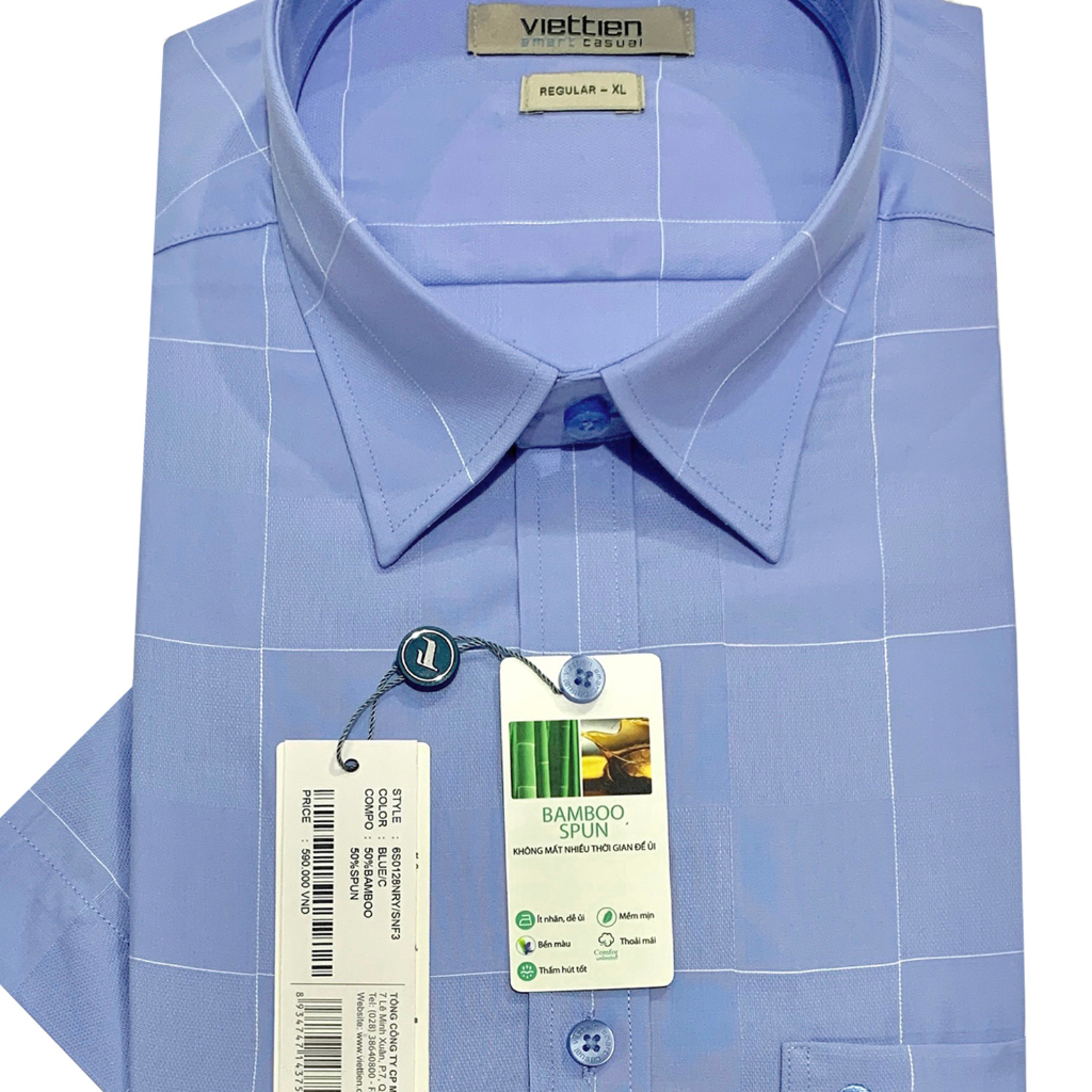 Việt Tiến - Áo sơ mi nam ngắn tay xẻ tà lai ngang Bamboo Regular ca rô Xanh 6S0128