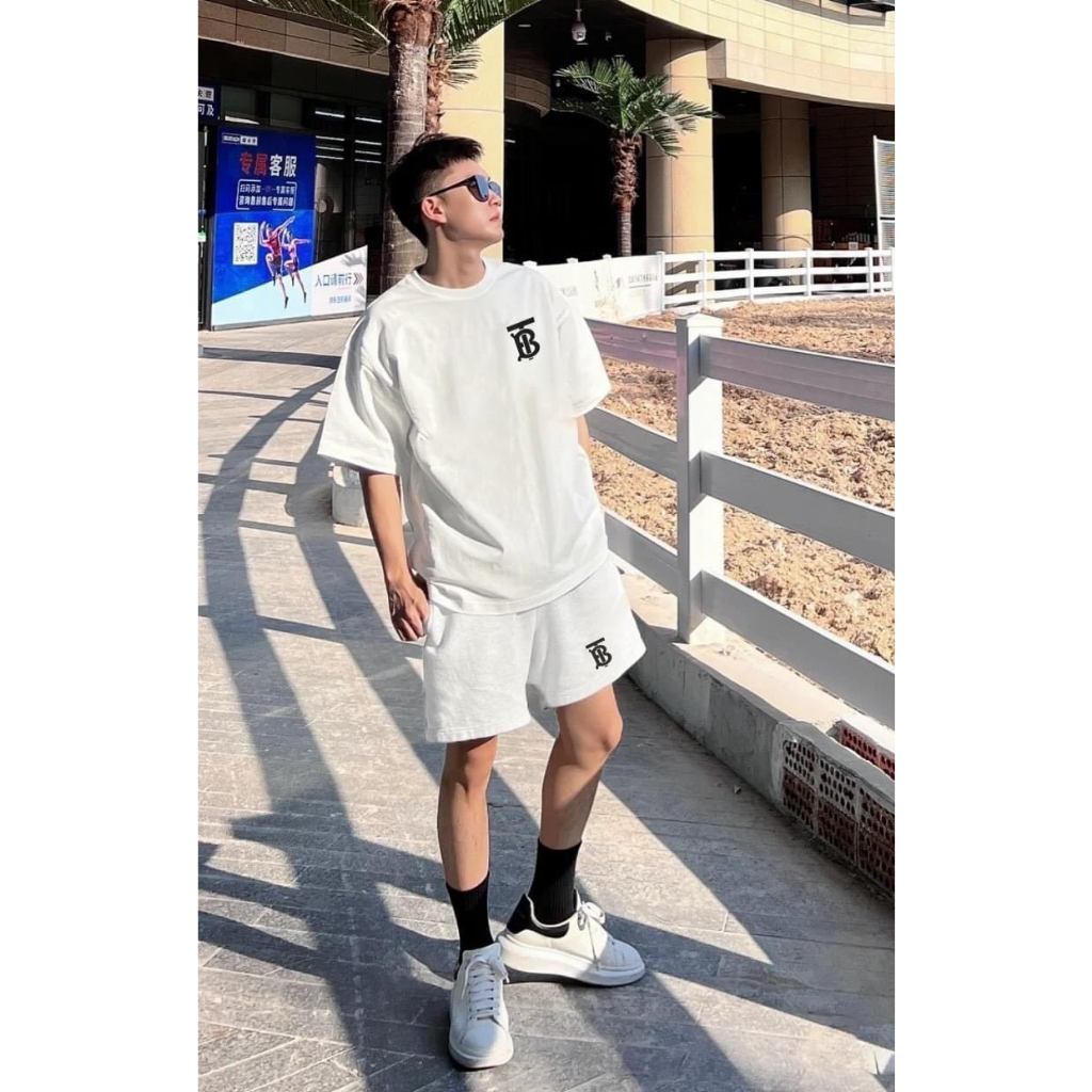 Bộ Thể Thao Hè Chữ B Ghạch Chéo Phong Cách Nam Nữ Sành Điệu, Tay Ngắn Lỡ Với Chất Liệu Cotton Mềm Mịn Cao Cấp