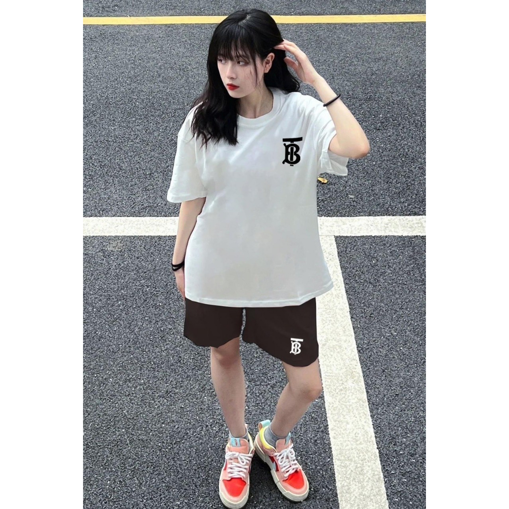 Bộ Thể Thao Hè Chữ B Ghạch Chéo Phong Cách Nam Nữ Sành Điệu, Tay Ngắn Lỡ Với Chất Liệu Cotton Mềm Mịn Cao Cấp