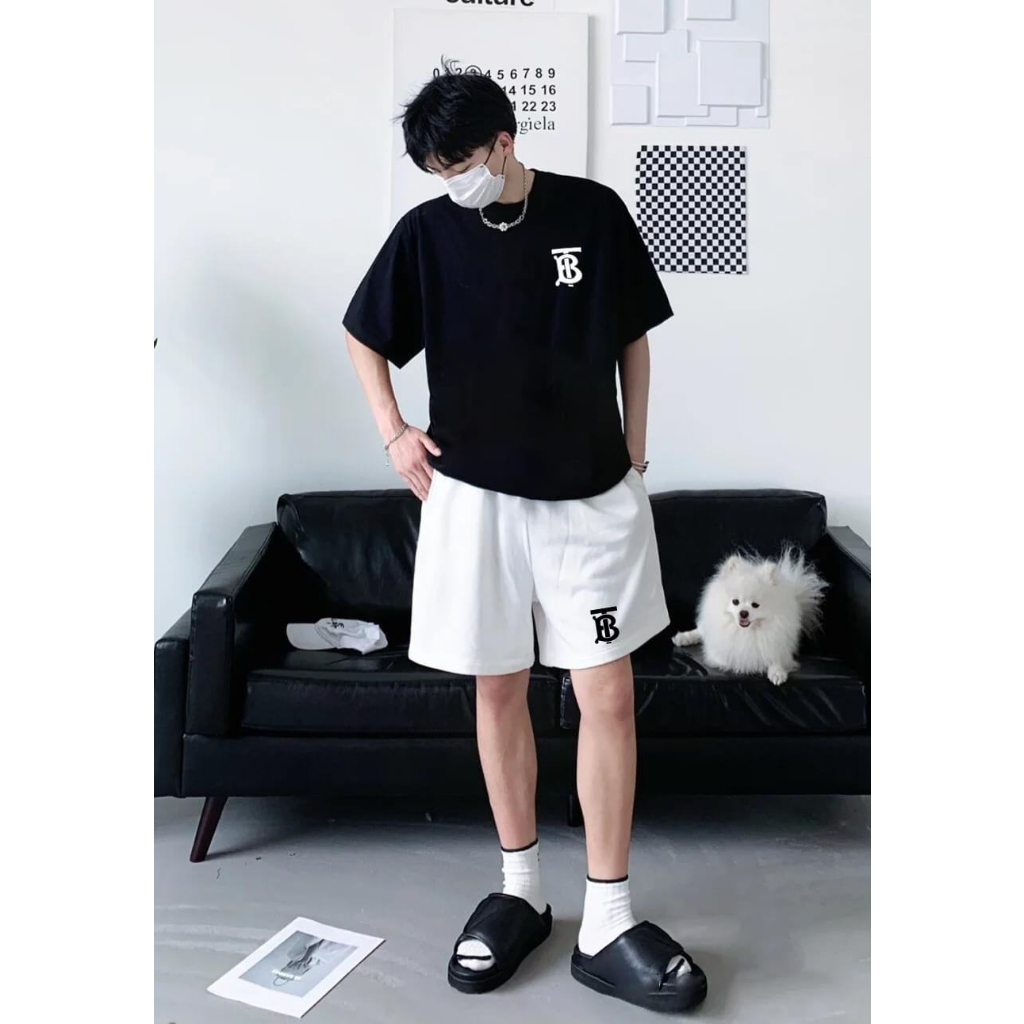 Bộ Thể Thao Hè Chữ B Ghạch Chéo Phong Cách Nam Nữ Sành Điệu, Tay Ngắn Lỡ Với Chất Liệu Cotton Mềm Mịn Cao Cấp