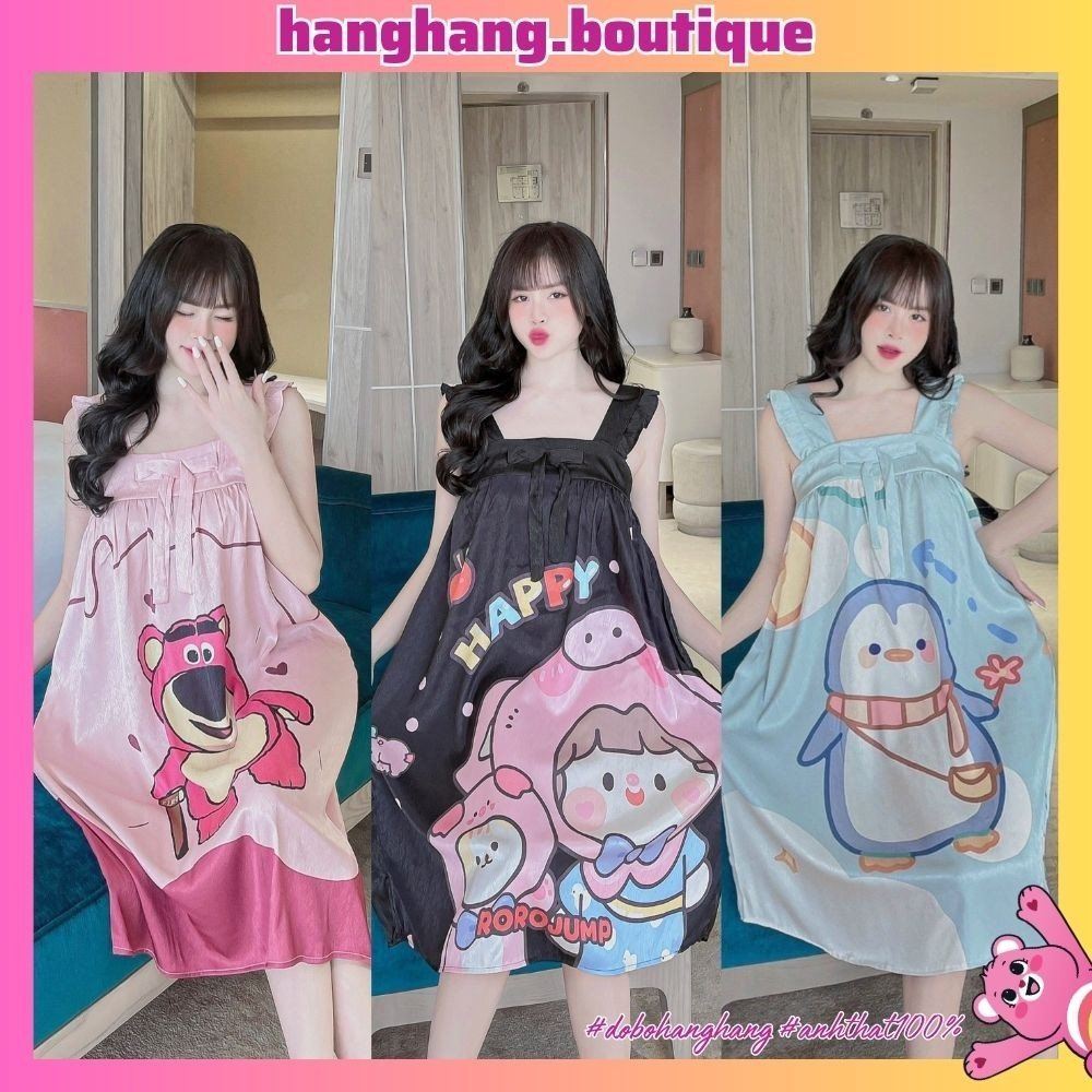 Váy đầm ngủ 2 dây dễ thương cánh tiên dáng rộng, đồ ngủ LỤA XƯỚC mặc nhà giá rẻ, đồ ngủ nữ cute gấu dâu hot trend mới