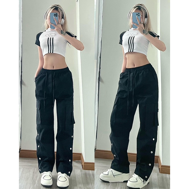 croptop 3 sọc + quần túi hộp kaki nút gài lưng chun