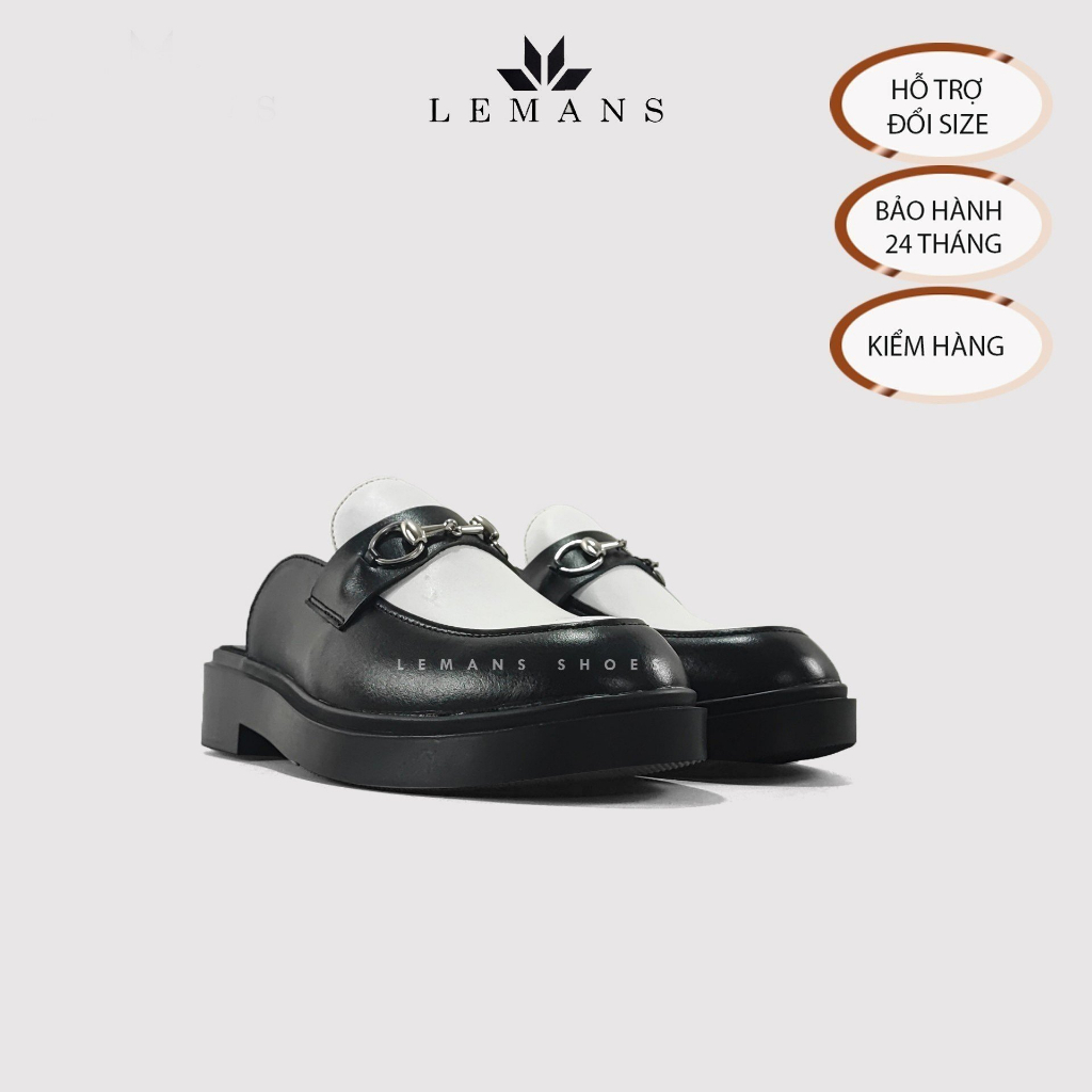 [Giày Sục] da bò Mules Loafer LEMANS - Black White cao cấp, Gót tăng cao 4cm Sản xuất thủ công Đế độc quyền BH 24 Tháng