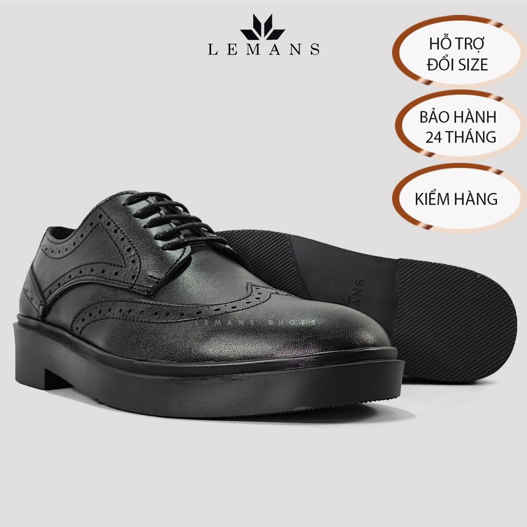 Giày Tây Nam Công Sở Cao Cấp da bò Derby Wingtip LEMANS Black giày derby Bảo Hành 12-24 Tháng