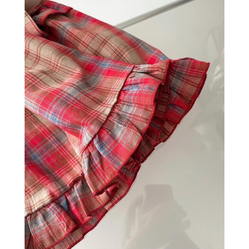 Áo hai dây buộc nơ vai kẻ caro đỏ bèo tầng phong cách vintage tiểu thư xinh xắn đi biển